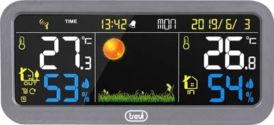 Zdjęcie produktu dla Trevi ME 3P20 RC, Szary, Termometr wewnętrzny, Barometr zewnętrzny, Termometr zewnętrzny, Barometr, Wilgotnościomierz, Termometr, Barometr, Wilgotnościomierz, Termometr, F, °C, LCD