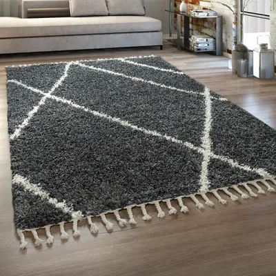 Produktbild von Hochflor Teppich Wohnzimmer Shaggy Skandinavischer Stil Mit Fransen Grau Weiß Grösse 160x220 cm
