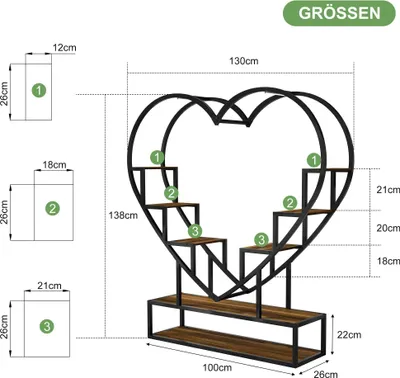 Produktbild von Pflanzenregal Plant Shelves C - Blumenregal - Herzförmiges Deko Regal - Holz Metall - Mit Lichtstreifen und Haken - Zum Selbstmontieren