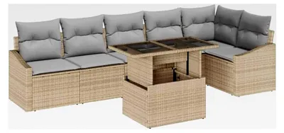 Produktbild von 7-teiliges Garten-Sofa-Set mit Kissen Beige Poly Rattan Lounge Sofa Outdoor
