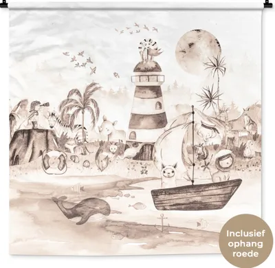 Produktbild von MuchoWow® Wandteppich Wandbehang Strand - Kinder - Leuchtturm - Alpaka - Meer - Tiere 150x150 cm Tapisserie Dekoration Wandtuch - Wohnaccessoires - Modernes