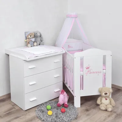 Produktbild von Baby-Delux Babyzimmer Princess Babybett 120x60 Wickelkommode Bettwäsche Set Komplettzimmer