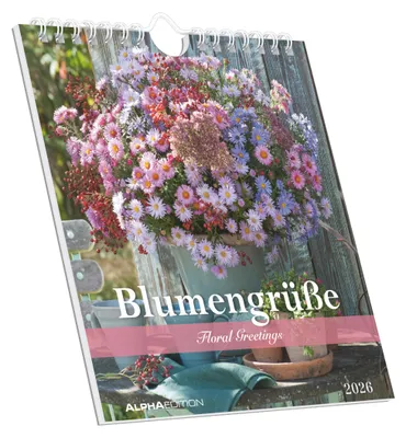 Produktbild von Alpha Edition - Blumengrüße Kalender 2026 - Postkartenkalender 16×17 cm mit 12 Blumenmotiven, Tischkalender & Wandkalender mit 3-sprachigem Kalendarium, ideales Geschenk für Blumenfreunde