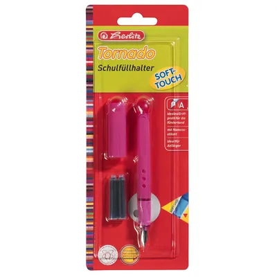 A pink Herlitz Tornado Schulfüllhalter (fountain pen holder) is displayed in its original packaging.