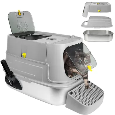 Produktbild von Große Katzentoilette aus Edelstahl mit Stufen,3-in-1 geschlossenes & offenes Design,Geschlossene Katzenklo für Kleine und Ältere Katzen 48x36x40cm