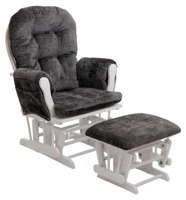 Produktbild von Relaxsessel mit Hocker, Schaukelstuhl Schwingstuhl aus Chenille (465g/m²) - dunkelgrau, Gestell weiß