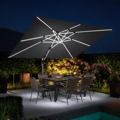 Produktbild von PURPLE LEAF Sonnenschirm mit LED Solar Beleuchtung Ampelschirm 270 x 365 cm Rechteckig Groß 360°Rota Außenbereich Alu, Balkonschirm XXL UV50+, Grau