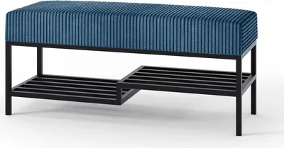 A blue upholstered bench with a black metal frame and two shelves for shoe storage.