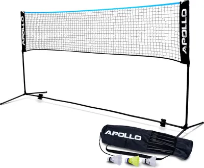 Produktbild von Apollo Badminton Netz, Volleyball Netz | 300cm | Federballnetz 3-Fach-Höhenverstellbar, Set bestehend aus Netz, 3X Federball, stabilem Eisen-Gestell, Transporttasche, Indoor & Outdoor - Schwarz/Blau 300 cm