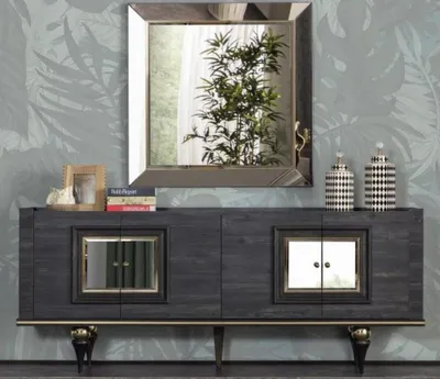 Produktbild von Casa Padrino Luxus Art Deco Sideboard Grau / Schwarz / Messingfarben 210 x 44 x H. 86 cm - Edler Schrank mit 4 Türen - Art Deco Möbel