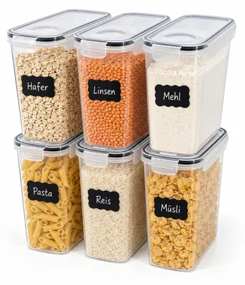 Produktbild von Relaxdays Vorratsdosen, 6er Set, 2,5 l, luftdichter Deckel, Klickverschluss, Etiketten, Frischhaltedosen, transparent, KI-generiertes Bild