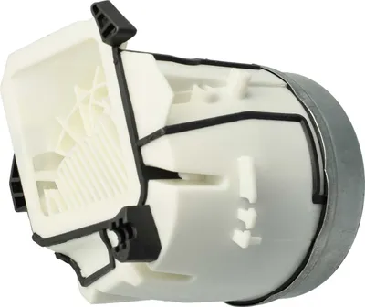 A close-up studio shot of a white and black vacuum cleaner part, with a metal ring on the right side. The object is shown from the side.