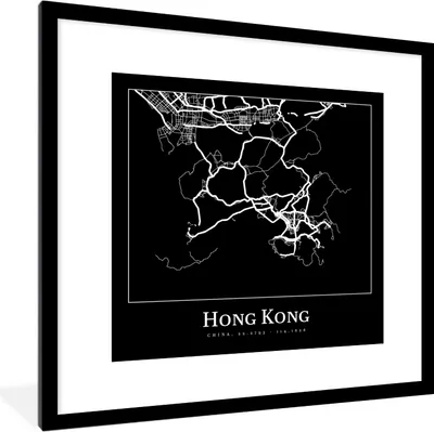 Produktbild von MuchoWow® Gerahmtes Poster Hongkong - Karte - Stadtplan - Routenbeschreibung 40x40 cm - Poster mit Schwarzem Bilderrahmen Wandposter Rahmen Foto Bilder - Poster - Plakat im Rahmen
