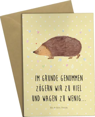 Produktbild von Mr. & Mrs. Panda Grußkarte Igel Herzen - Gelb Pastell - Geschenk, babykarte, Kuss, weihnachtskarten, osterkarten, Liebe, Lustige Sprüche, Vertrauen, Grußkarten, Herz