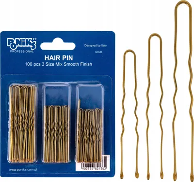 A package of gold hair pins with some individual pins shown to the right.