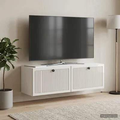 Zdjęcie produktu dla Maison Exclusive – wisząca szafka pod telewizor, biała, z połyskiem, 98 x 31 x 30 cm