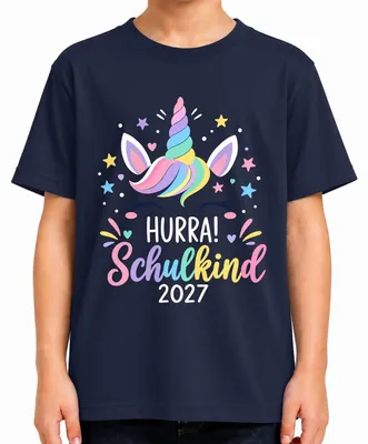 Produktbild von Hurra Schulkind 2027 Einhorn Einschulung Mädchen erster Schultag Kinder T-Shirt, Navy, 116
