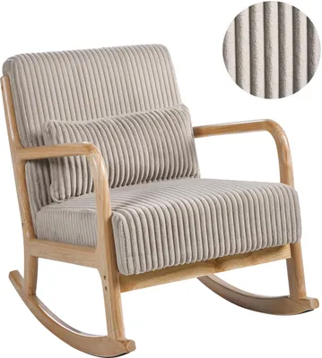 Zdjęcie produktu dla BELIANI Fotel bujany tapicerowany beżowy sztruksowy tacpierowany w stylu retro drewniana rama