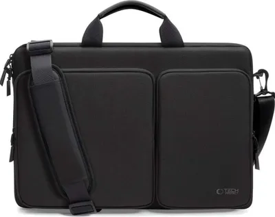 A black laptop bag with a shoulder strap and two front pockets.