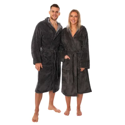 Produktbild von Lavea® Bademantel M, Morgenmantel Damen & Herren mit Kapuze, Soft-Velour, Bademantel mit 2 Taschen & Bindegürtel - Anthrazit