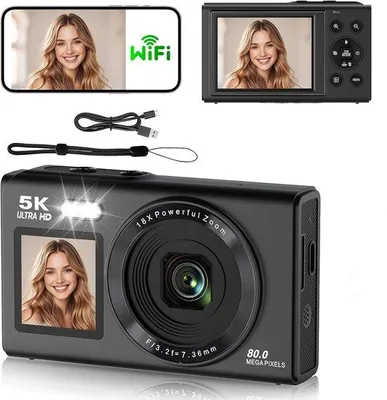 Image de Appareil photo numérique compact avec capteur 80 Mpx, zoom 18x, autofocus, flash, résolution 5K, carte mémoire de 64 Go, noir