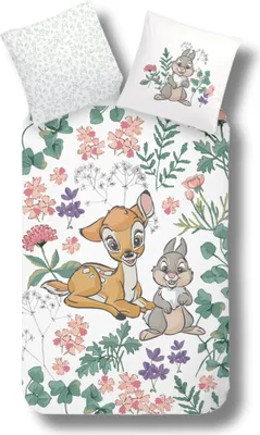 A bedding set with a Bambi and Thumper print, including a duvet cover and pillowcases, set against a white background.