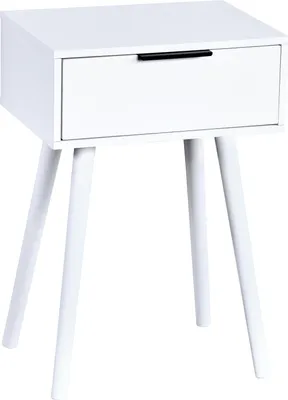A white bedside table with a single drawer and a black handle, standing on four angled legs.