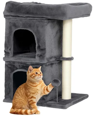 Produktbild von Katzenkratzbaum - Kratzsäule für Katzen - 66 cm Hoch - 2 Höhlen & Spielball - 2 Ebenen Holz - Dunkelgrau