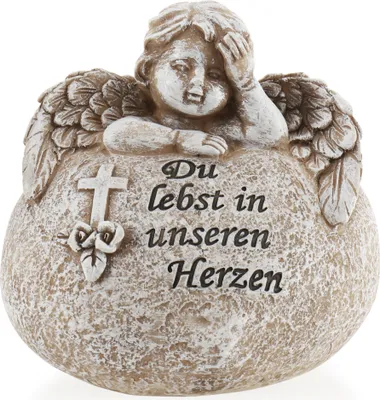 Produktbild von COM-FOUR® Grab-Dekoration in Herz-Form mit Engel - Gedenkstein mit Inschrift, Kreuz und Rosen - wetterfester Grabschmuck - Trauerstein mit Gedenkspruch