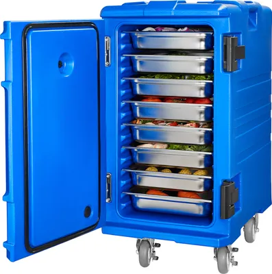 A blue insulated food carrier with multiple trays of food inside, shown with the door open.