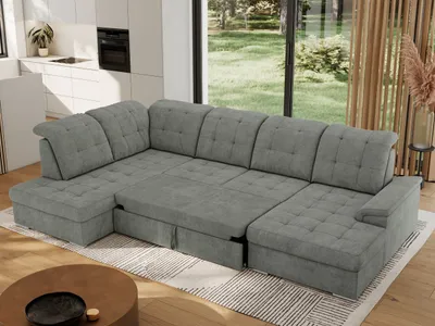 Produktbild von MKS MEBLE Ecksofa Wohnlandschaft U-Form, Sofa mit Schlaffunktion, Schlafsofa mit bettkasten, Couch mit Schlaffunktion - Grau Struktur - Madrito U - links