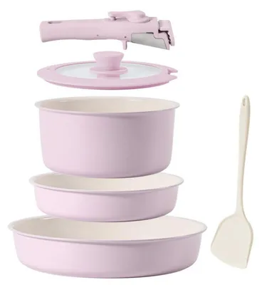 Obrázok produktu pre Sada keramických panvíc, 6-dielna, ružová, s odnímateľnou rukoväťou, panvice 24/28 cm, hrniec 20 cm, vhodné na indukciu, bez PTFE
