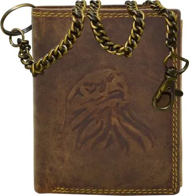 Produktbild von Geldbeutel Wild Leder Geldbörse Portemonnaie mit Adler Präge Druck Hochformat und Hosenkette RFID Safe Braun