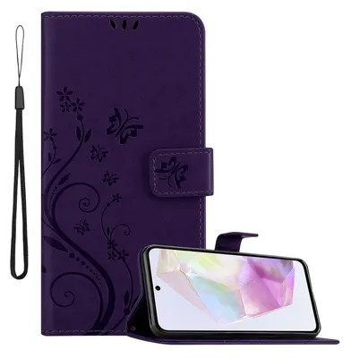 Immagine prodotto di Cadorabo cover per Samsung Galaxy A35 in FLORAL DARK PURPLE cover protettiva in design floreale con chiusura magnetica, funzione stand e slot per carte di credito flip case flower cover custodia per cellulare flap cover book case