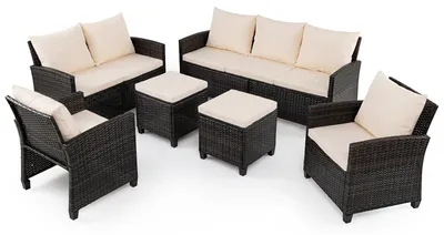 Immagine prodotto di COSTWAY, set da giardino in rattan sintetico da 6 pezzi, composto da un'area salotto per 7 persone, con 2 divani, 2 poltrone, 2 poggiapiedi e cuscini. Arredamento da esterno resistente alle intemperie, ideale per terrazzi