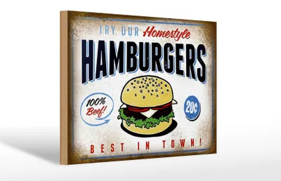 Produktbild von Holzschild Spruch 30x20cm Hamburger best in town 100% Beef