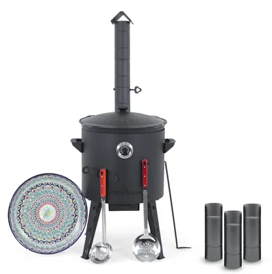Produktbild von Utschak Feuerofen Ø 40 cm + Gusseisen-Kasan 12 L, runder Boden + Küchenzubehör, Usbekischer Kochtopf aus Gusseisen