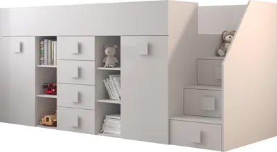 Produktbild von Etagenbett für Kinder Toledo 3 Stockbett mit Treppe, Schreibtisch, Bettkasten (Weiß/Weiß Glanz + weiße Griffe, Seite: Rechts)
