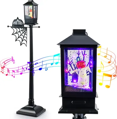 Produktbild von COSTWAY 155 cm Halloween Deko mit Kürbis Laterne, 6-farbigen LED-Leuchten, Musik & Schneeeffekt, Spinnennetz, Halloween Wegleuchte Dekoration