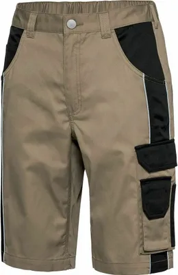 A pair of beige work shorts with black accents and pockets.