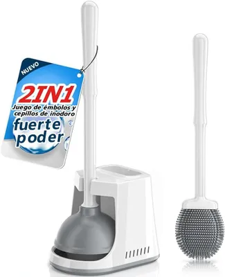 Productafbeelding van Toiletborstel en Ontstopper Set met Houder - Witte Siliconen Toiletborstel & Krachtige Ontstopper - Badkamer Schoonmaakgereedschap
