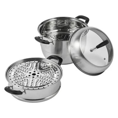 Produktbild von VEVOR 28cm Dampfgarer Topf Edelstahl mit Glasdeckel, 3 Etagen Dampfkocher Dampftopf Induktion Gardampftopf Dampfkochtopf Kochtopf Ideal für Gemüse, Fisch, Suppe, Knödel (inkl. 2 Dampfgarer-Einsätze)