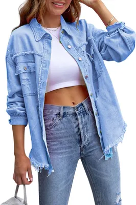 Produktbild von ASKSA Damen Jeansjacke Ripped Vintage Denim Jacken Laessige Boyfriend Jeansjacken Jean Mantel, Hellblau, XL
