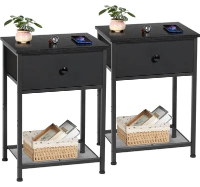 Beistelltisch-Set 2er, mit Schublade & Ablage, Schwarz, 40x30x55 cm