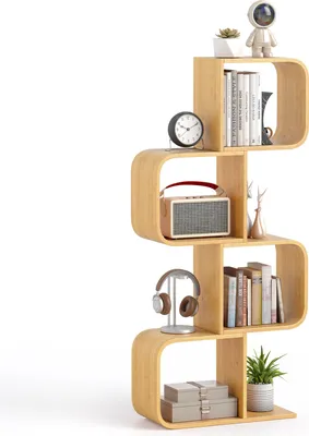 Produktbild von GOPLUS S-förmiges Bücherregal aus Bambus, Stufenregal klein mit offenen Fächern, Treppenregal Aufbewahrungsregal Büroregal, Natur (4 Ebenen)