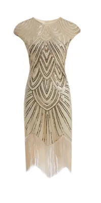 Produktbild von 20er Jahre Charleston Pailletten Kleid Creme/Gold Fransen Flapper Damen Kostüm, Größe:M