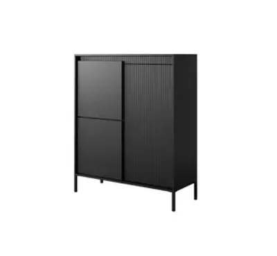 A black cabinet with two doors on the left and a fluted design on the right, set against a white background.