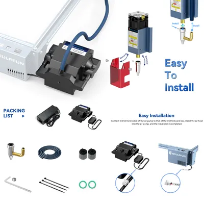 Collage of product images and diagrams showing an air assist kit for a laser engraver.