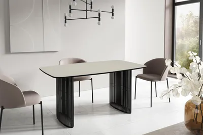 Produktbild von Esstisch Rechteckig Ausziehbar mit Lamellen im Loft-Stil – 160 bis 240 cm – Schwarzen Metallbeinen, Industrieller Tisch mit Abgerundeten Ecken für 8-12 Personen – Wohnzimmer – Beige Cashmere