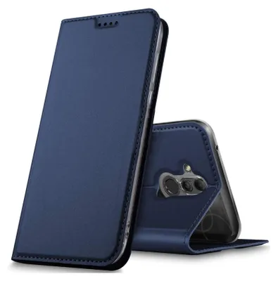 A blue flip case for a Huawei Mate 20 Lite phone is shown standing upright, with the phone's camera visible through the case.